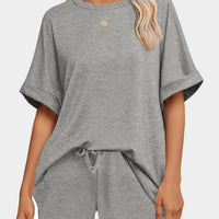 Round Neck T-Shirt and Drawstring Shorts Set in grey featuring a relaxed fit and comfortable styling.