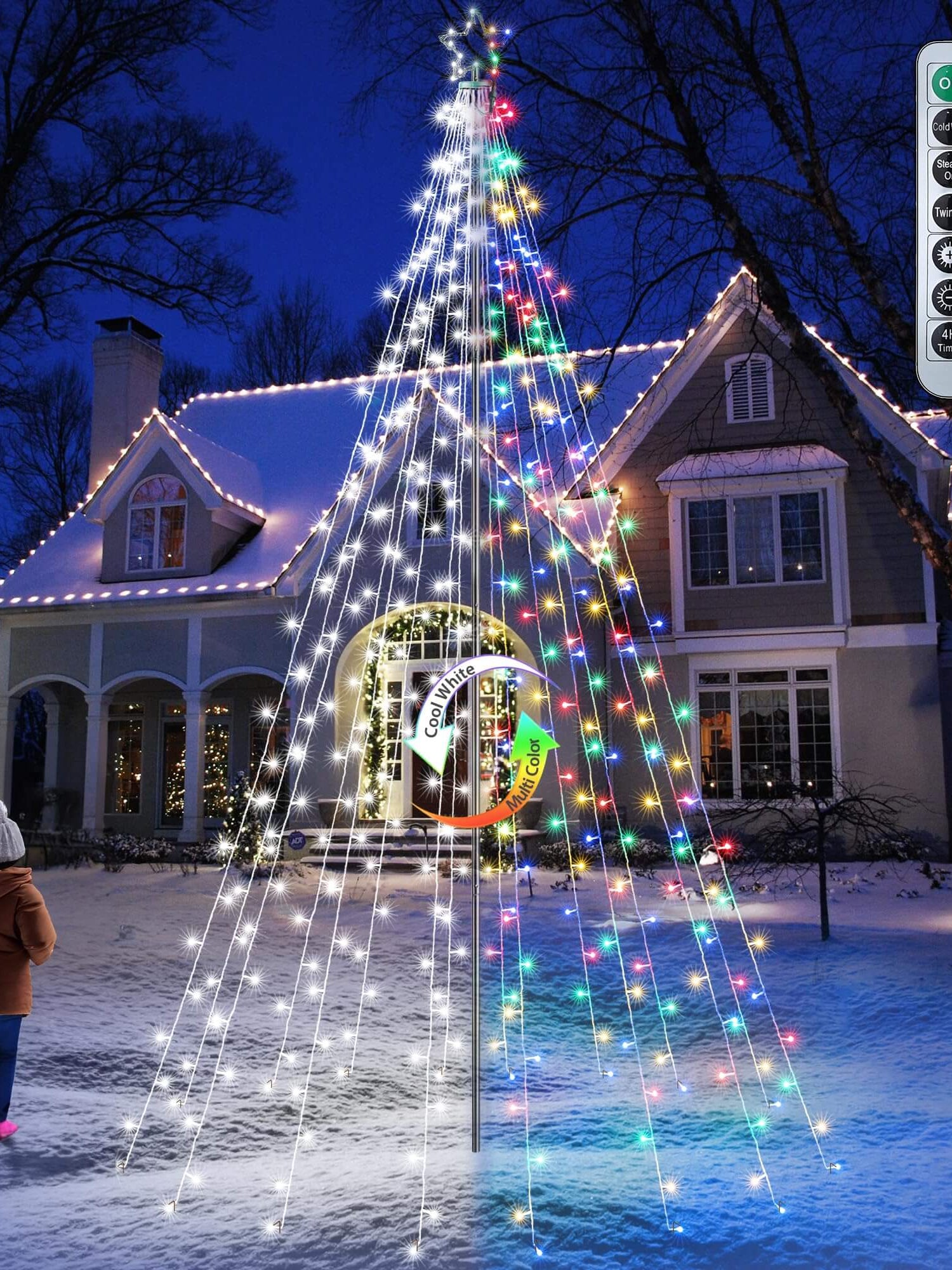 Outdoor star string lights pole set with tall cone of multicolor LEDs and handheld remote