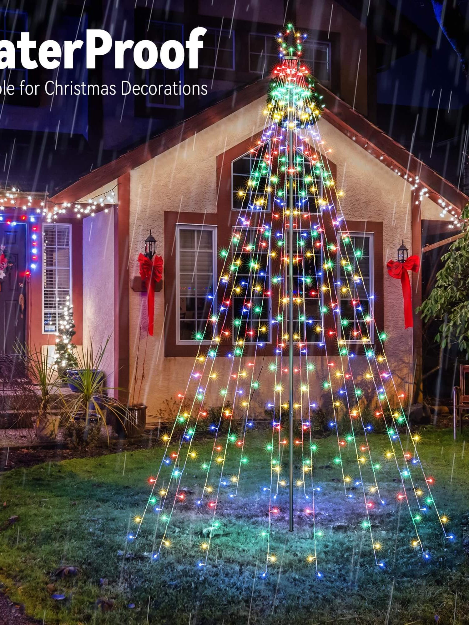 Outdoor star string lights pole set with tall conical cone of multicolor LEDs