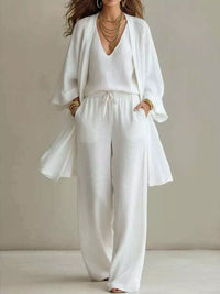 The Marlowe Three-Piece Set – V-neck tank, longline cardigan and drawstring pants