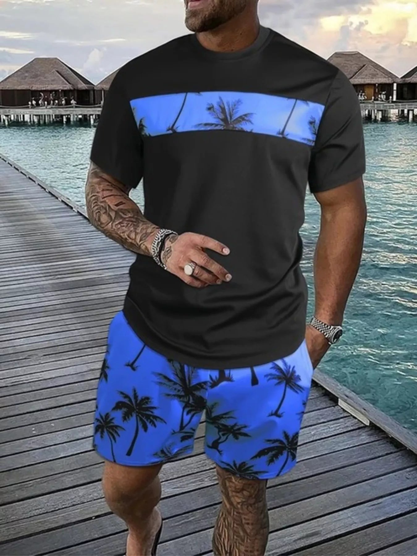 The Waikiki Palm Tee Set – palm tree print tee and shorts set, view 3