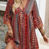 Lace Trim Printed V-Neck 3/4 Sleeve Dress