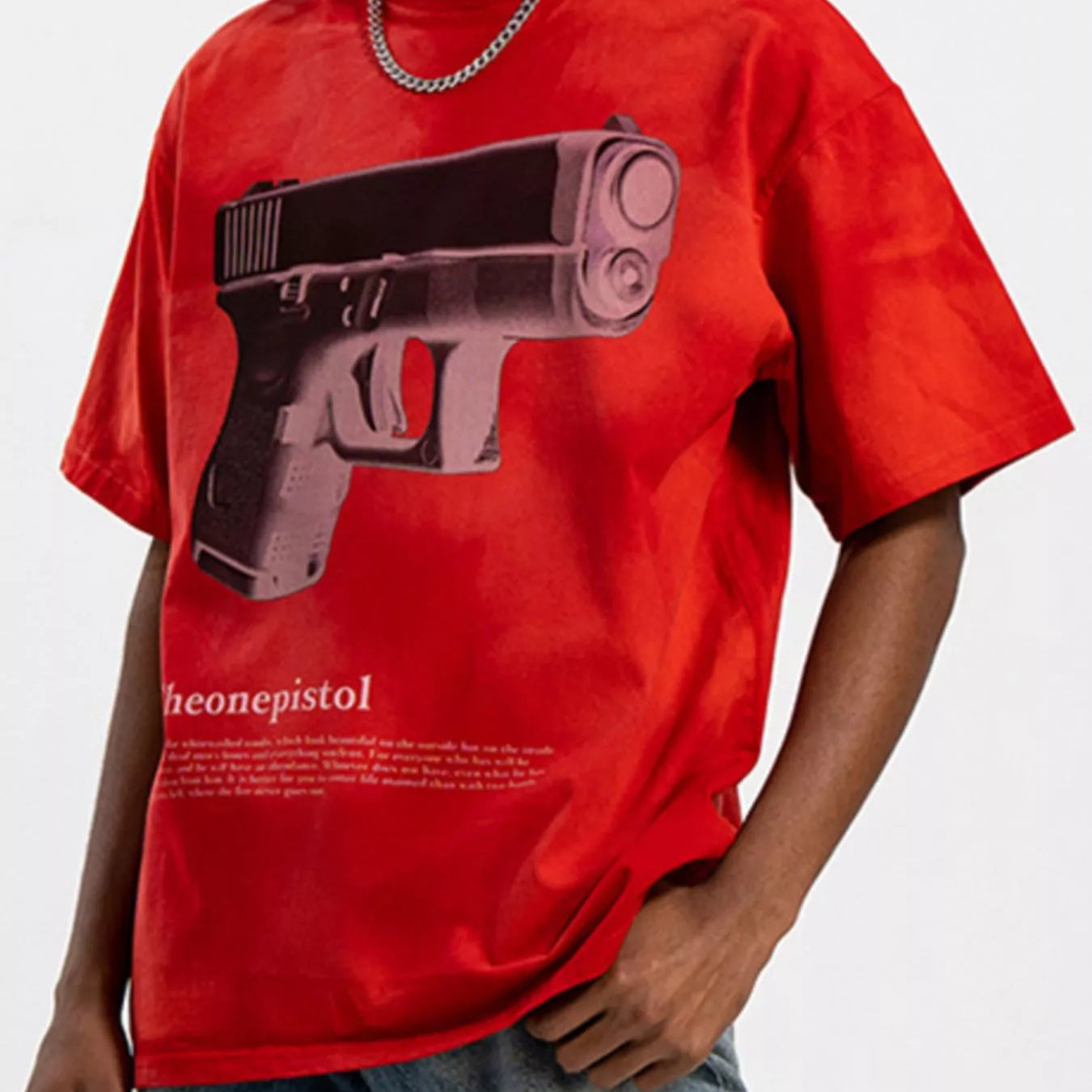 Men's Graphic Round Neck Oversized T-Shirt featuring bold graphic design on a red background.