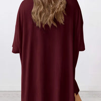 Full Size Oversized Slit Round Neck Top and Shorts Lounge Set Plus Size in burgundy color from the back.
