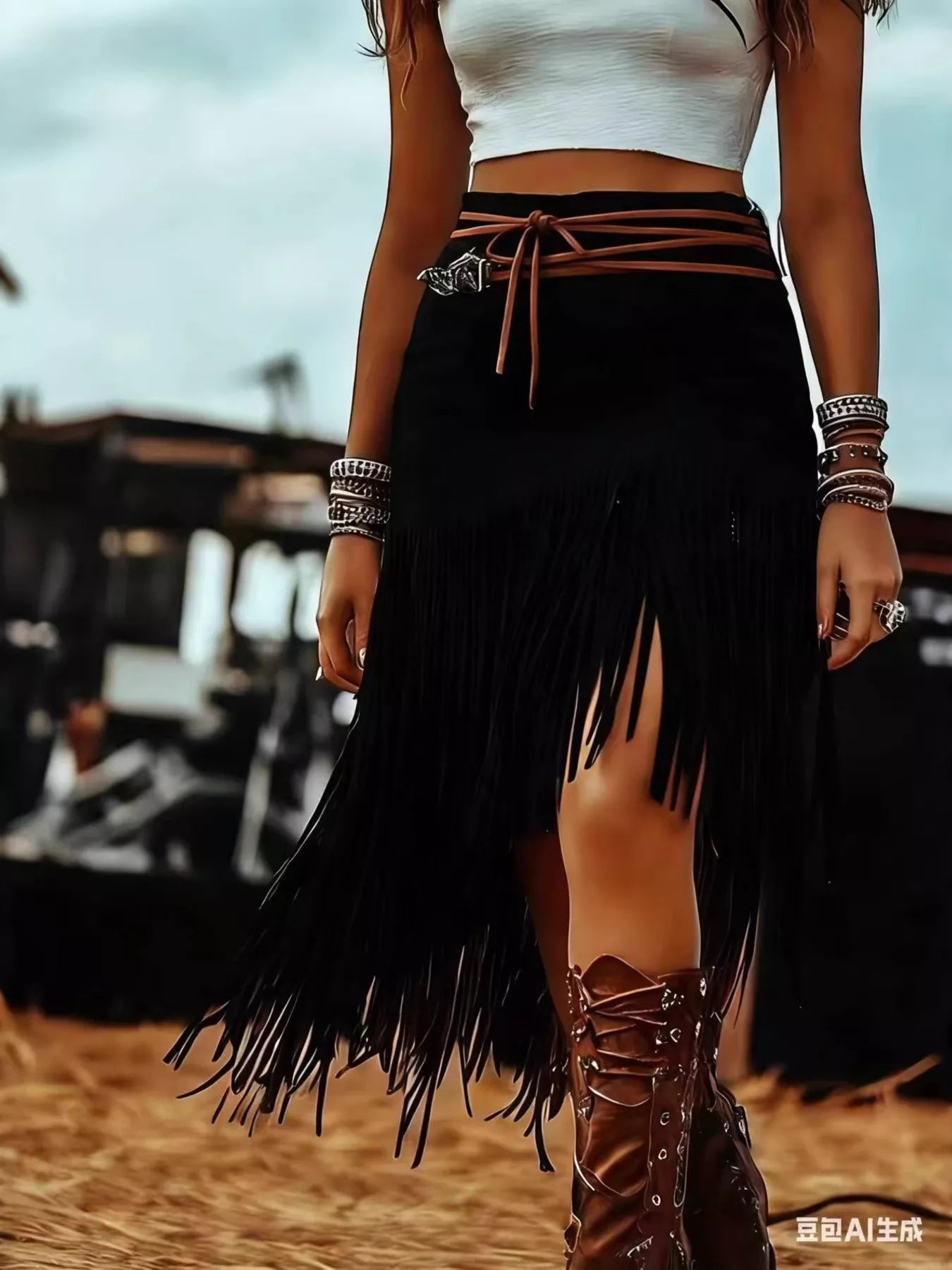 Asymmetrical Fringe Skirt featured in a stylish outdoor setting, showcasing its unique fringe design and silhouette.