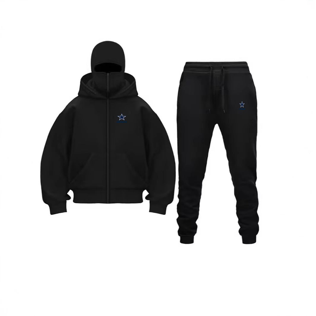 Unique Design Double Hooded Zip-Up Sweatshirt Set for Men and Women in black color with matching sweatpants.