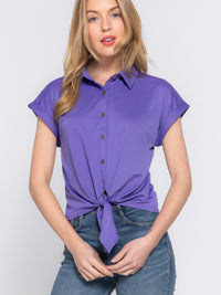 Short Slv Front Tie Stretch ITY Top in purple, featuring short sleeves and tie front detail.