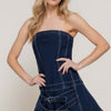 Strapless Stretch Denim Mini Pleats Dress