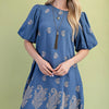 Paisley Embroidered Round Neck Mini Dress With Short Puff Sleeves