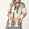 Printed 3/4 Sleeve Dress With Tassel Tie And Fringe Detail On Hem
