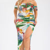 Plus Tropical Off Shoulder Draped Slv Maxi Dress