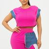 Color Block Denim Sleeve Top And Biker Shorts Set