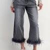 Fur Bottom Hem Washed Stretch Denim Pants