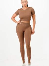 Ribbed seamless activewear set featuring a cropped T-shirt and high-waist leggings in a rich brown color.