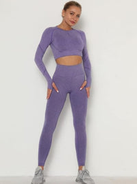 Seamless leggings set in purple featuring a crop top with long sleeves and high-waisted leggings, perfect for workouts.