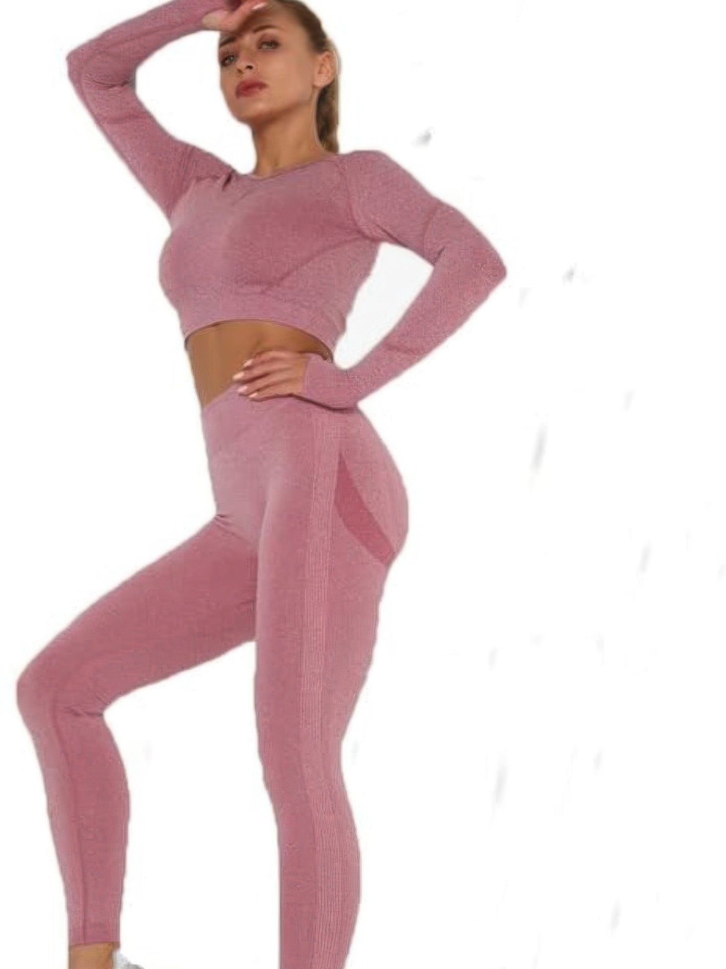 Seamless activewear set featuring a crop top and high-waisted leggings in a stylish pink color.