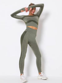 Model showcasing a seamless long sleeve yoga set in a trendy color block design, perfect for workouts and comfort.
