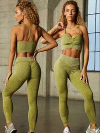 Sculpting Yoga Set activewear featuring a cropped top and high-waisted leggings in olive green, perfect for yoga and workouts.