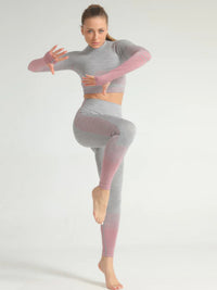 Model showcasing the stripe seamless yoga set featuring a long sleeve crop top and full-length leggings.