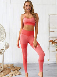 Seamless activewear two piece set in coral color, featuring a crop tank top and high-waisted leggings designed for comfort.