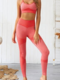 Seamless activewear two piece set in coral color featuring a crop tank top and high-waisted leggings.