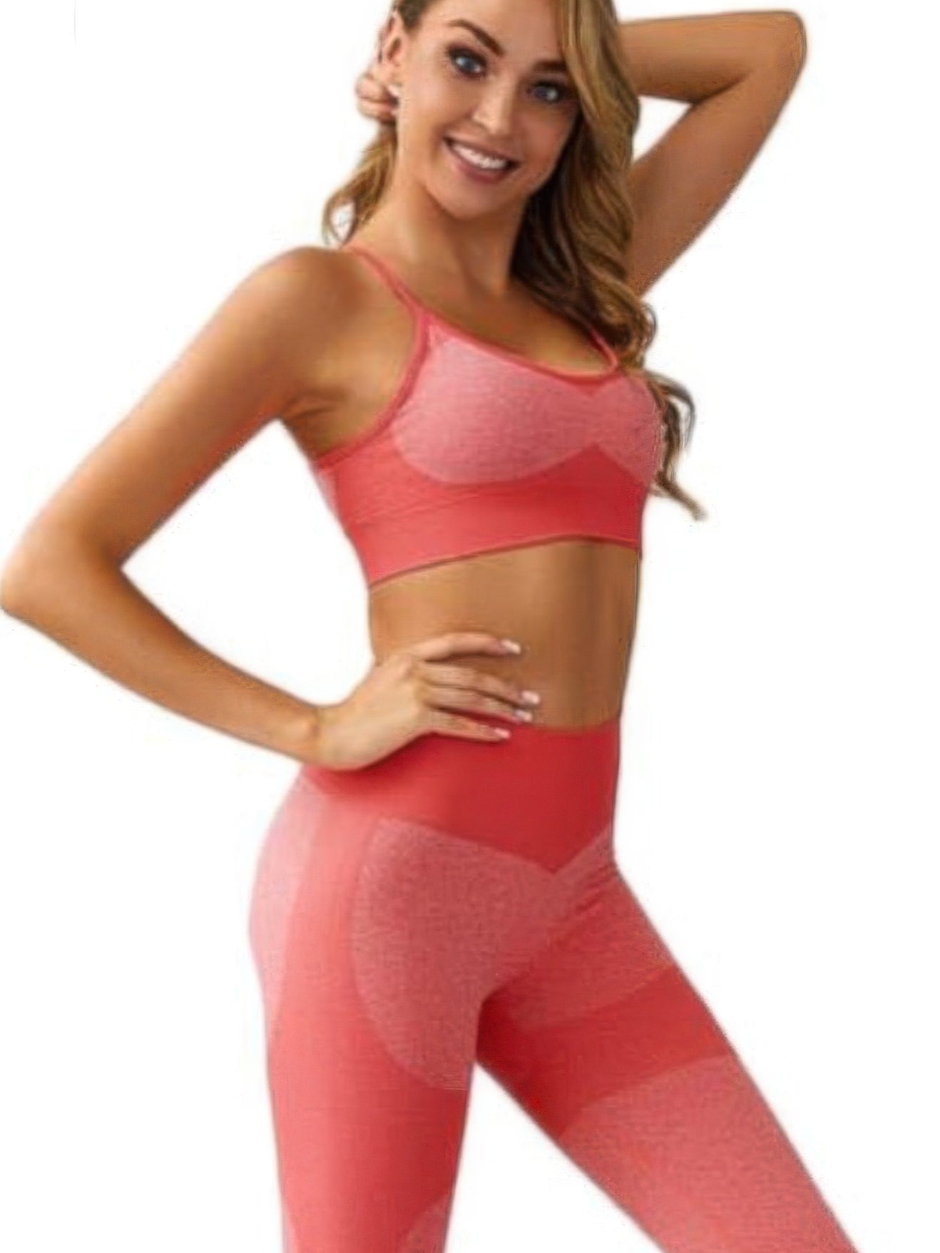 Seamless Activewear Two Piece Set in coral with a supportive crop tank and high-waisted leggings.