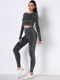seamless long sleeve yoga set in grey featuring long sleeves and high-waisted leggings for a stylish workout look