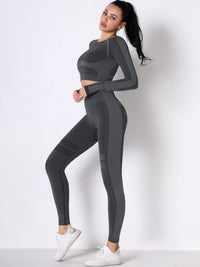 Seamless long sleeve yoga set featuring a gray crop top and high-waisted leggings, perfect for workouts and comfort.