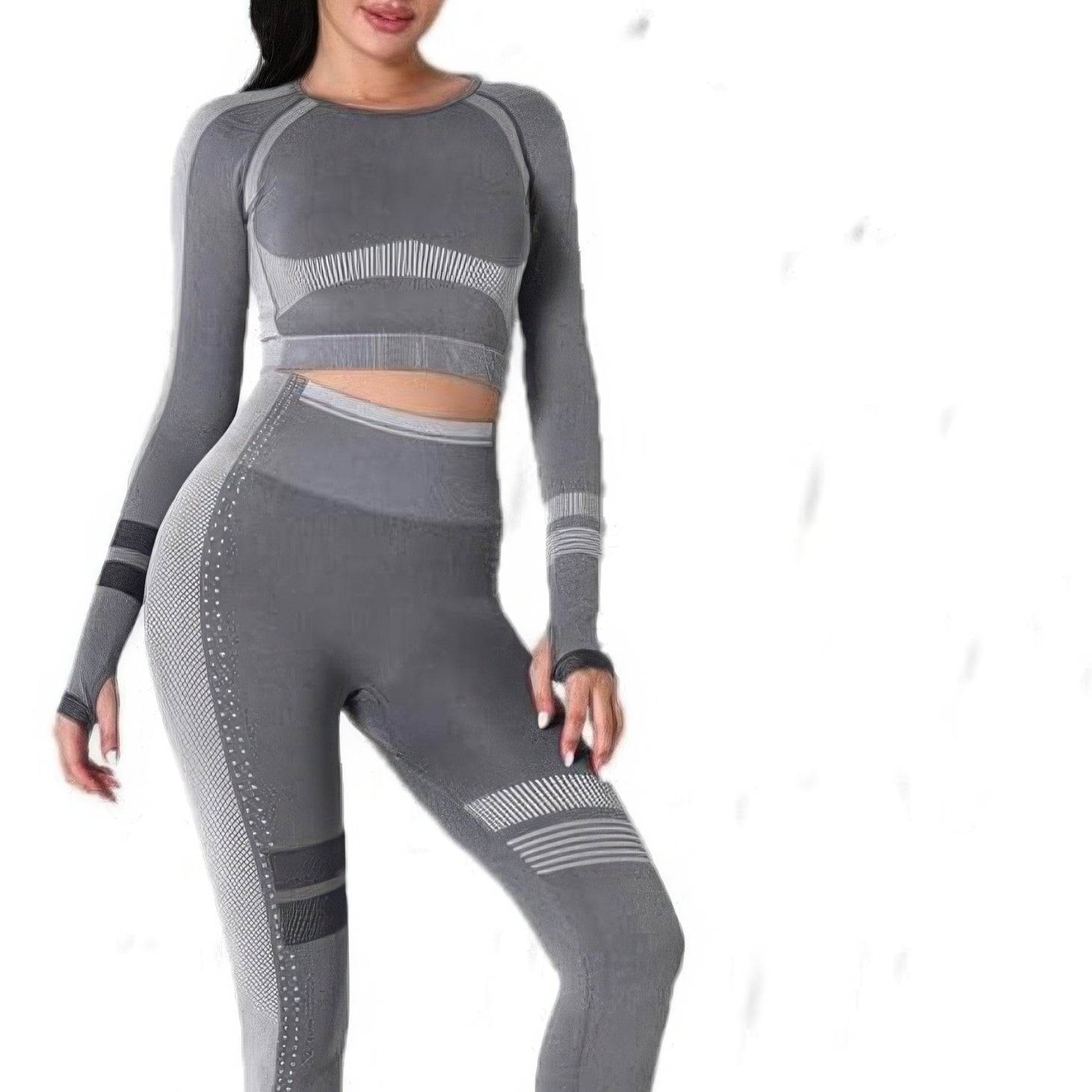 Seamless yoga set with long sleeve crop top and high-waisted leggings in gray for workouts and comfort.