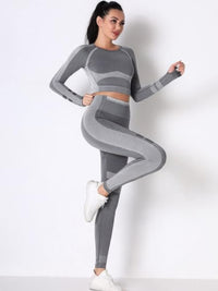 Seamless yoga set featuring a long sleeve crop top and high-waisted leggings in grey, perfect for workouts and everyday wear.