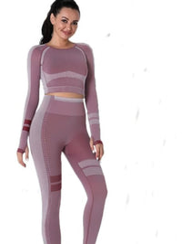 Seamless long sleeve yoga set featuring a fitted crop top and high-waisted leggings in a stylish design.