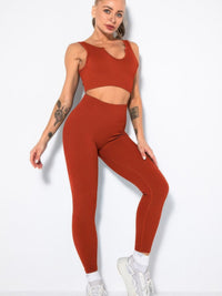 Ribbed two piece activewear set featuring a sleeveless crop top and high-waisted leggings in a rich rust color.