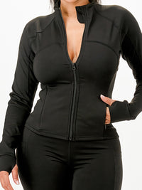 Activewear jacket and legging set showcasing a sleek zip-front jacket in black for workouts and casual wear.