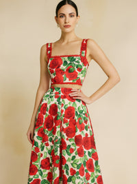 Rose Romance Two-Piece Set featuring a crop top and a floral skirt with bold red rose print.