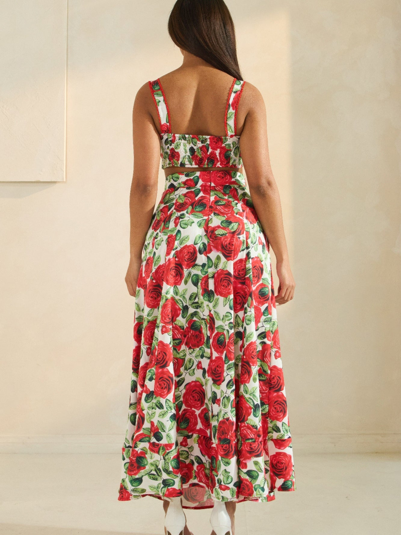 Rose Romance Two-Piece Set showcasing a bold red rose print, elegant back view, and flattering silhouette.