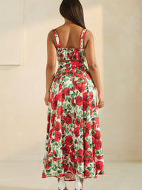 Rose Romance Two-Piece Set showcasing a bold red rose print, elegant back view, and flattering silhouette.