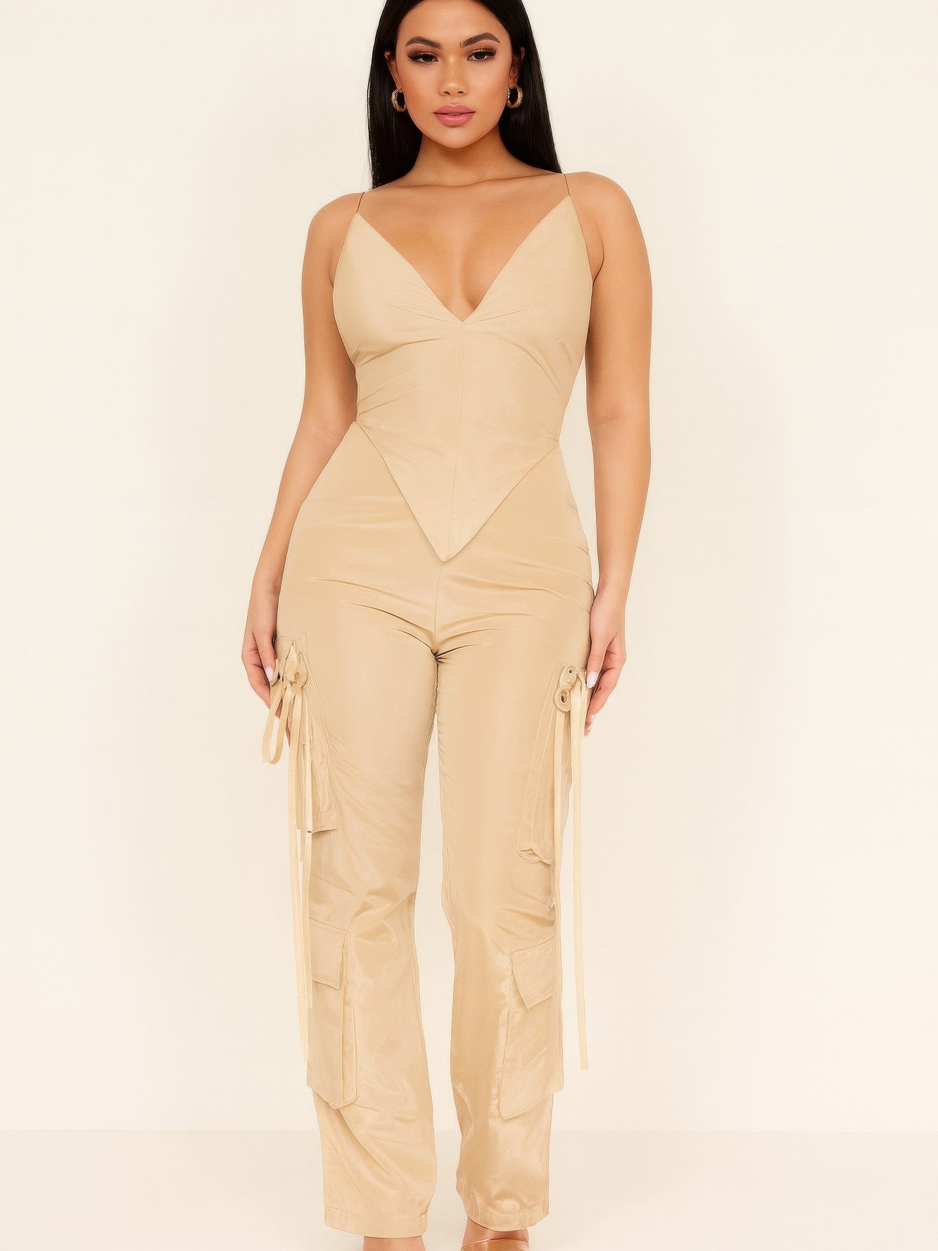 V Cut Cargo Pants in beige with V-shaped waistline and side cargo pockets for a stylish streetwear look.