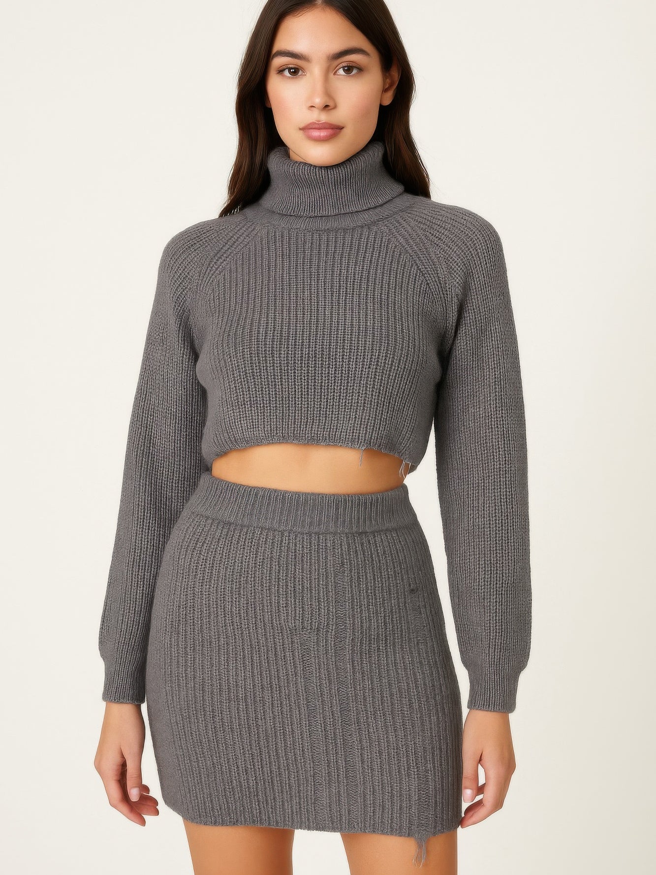 Knit Mock Neck Top And Skirt Set featuring a gray long sleeve crop top and matching mini skirt.