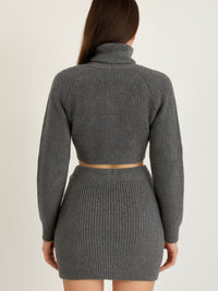 Knit Mock Neck Top And Skirt Set featuring a grey cropped top with long sleeves and a matching mini skirt.