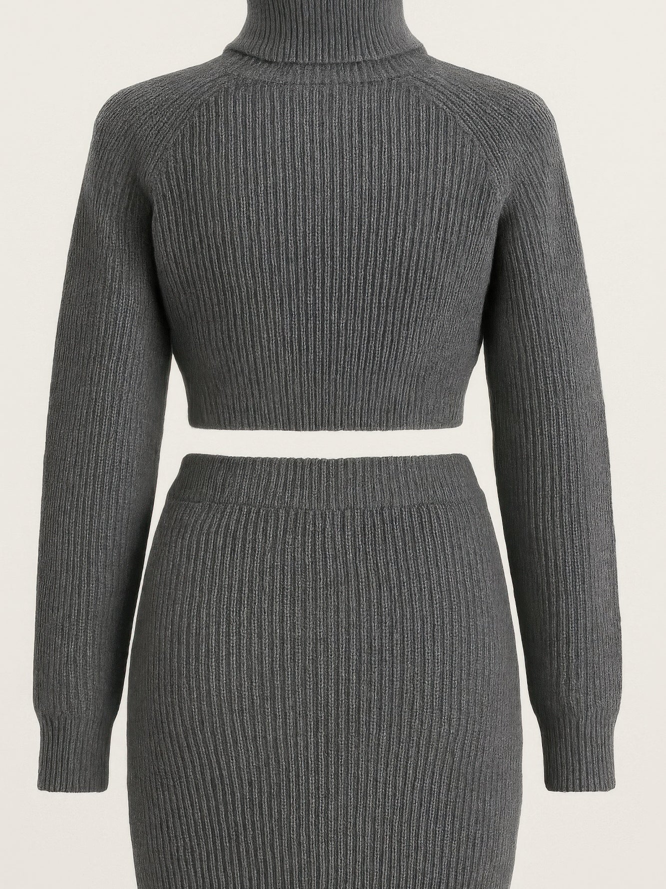 Knit Mock Neck Top And Skirt Set in gray with ribbed texture and fitted silhouette, showcasing long sleeves and mini skirt.