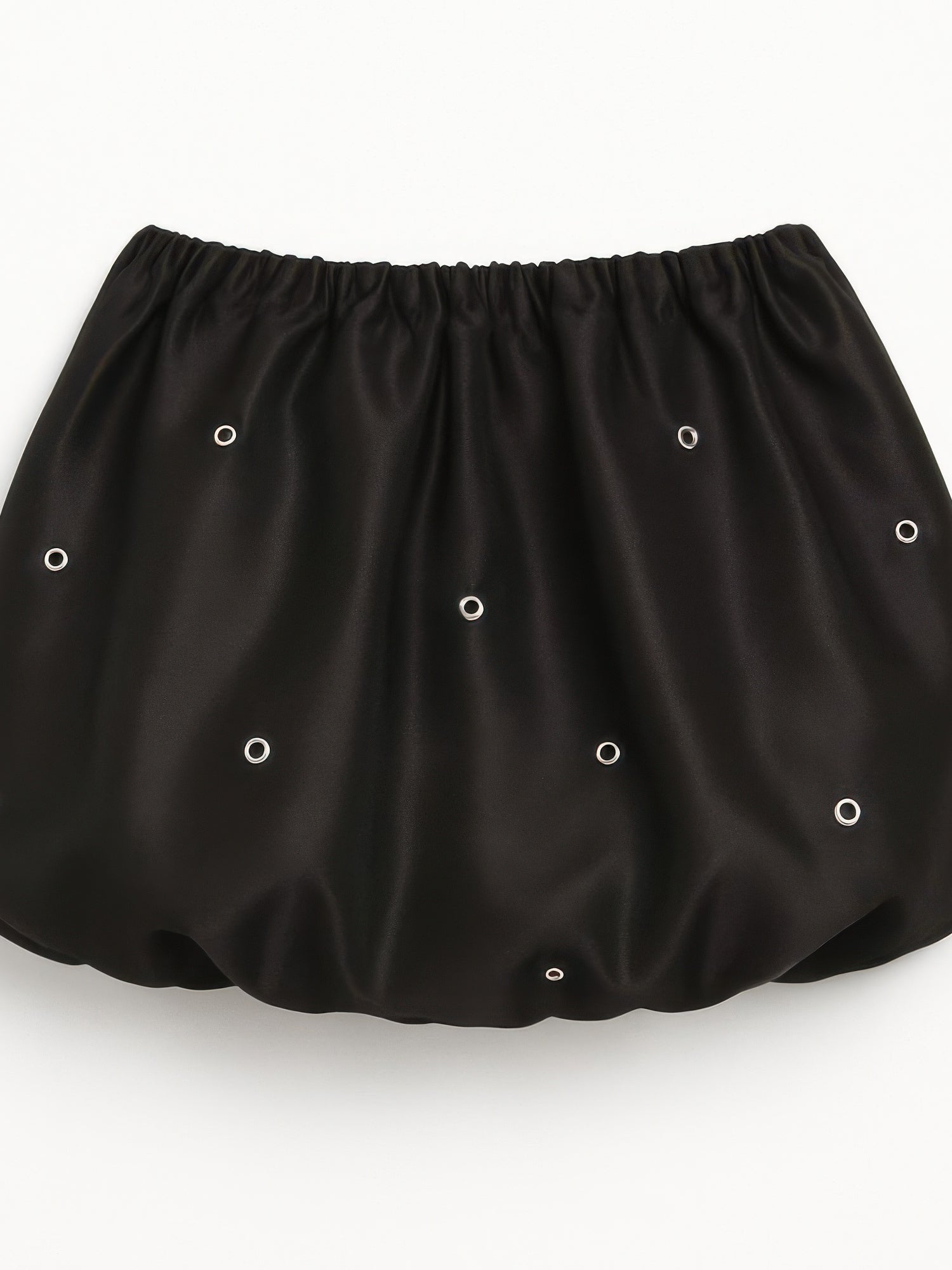 Bubble Lace Up Mini Skirt showcasing a black puffed silhouette with eyelet details, perfect for a stylish outfit.