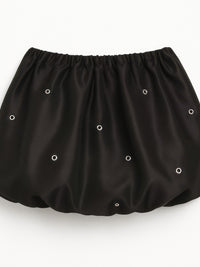 Bubble Lace Up Mini Skirt showcasing a black puffed silhouette with eyelet details, perfect for a stylish outfit.