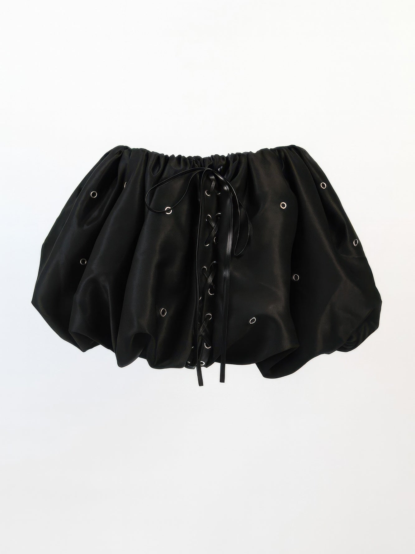 Bubble Lace Up Mini Skirt showcasing a puffed silhouette with lace-up detail in black.
