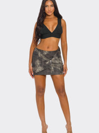 Model wearing a Mid Waist Mini Skirt with eyelet accents and zipper detailing, styled with a black crop top.