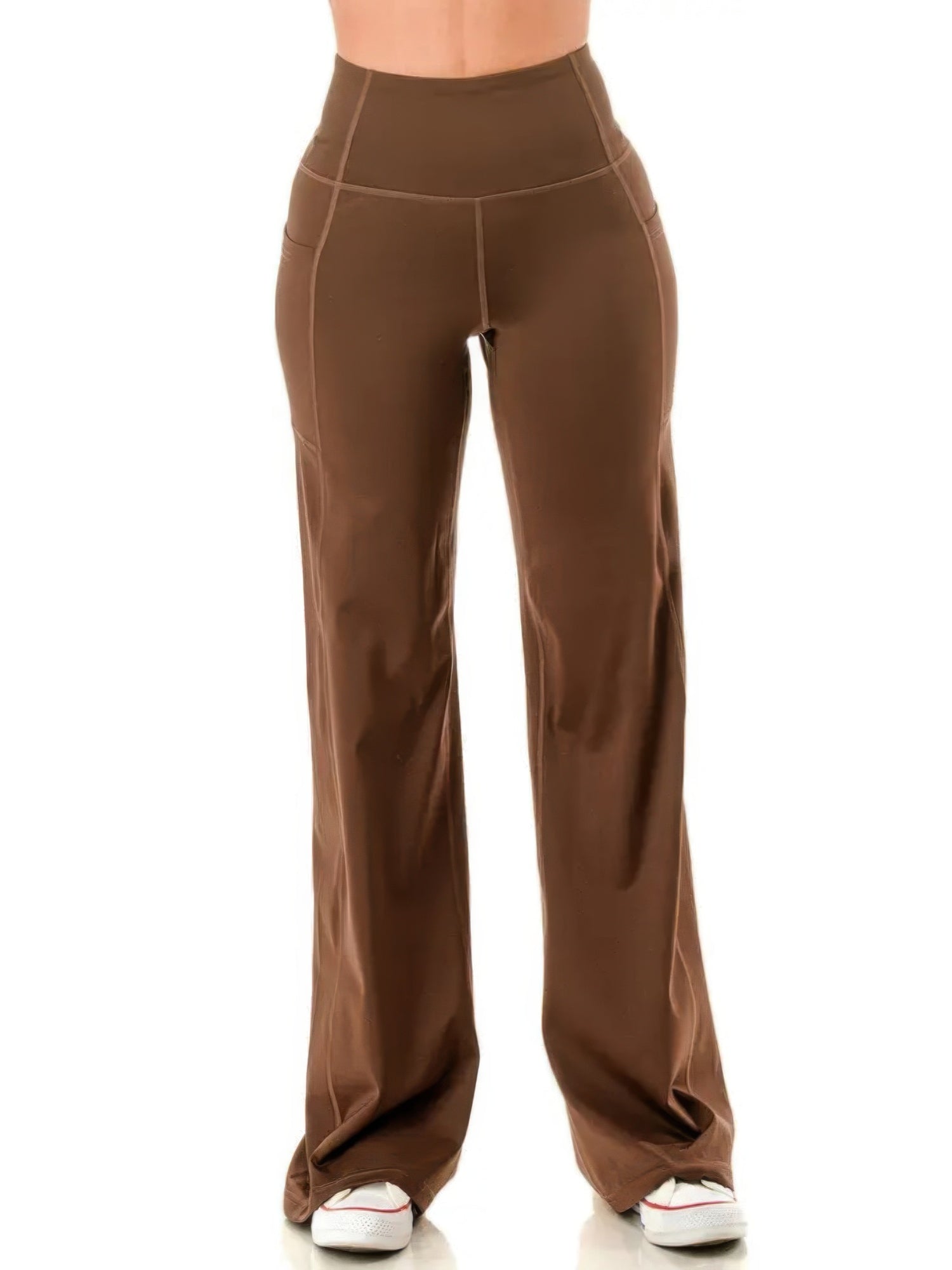 Wide leg flare yoga pants in brown with high-waisted elastic band and side pocket detailing for comfort and style.