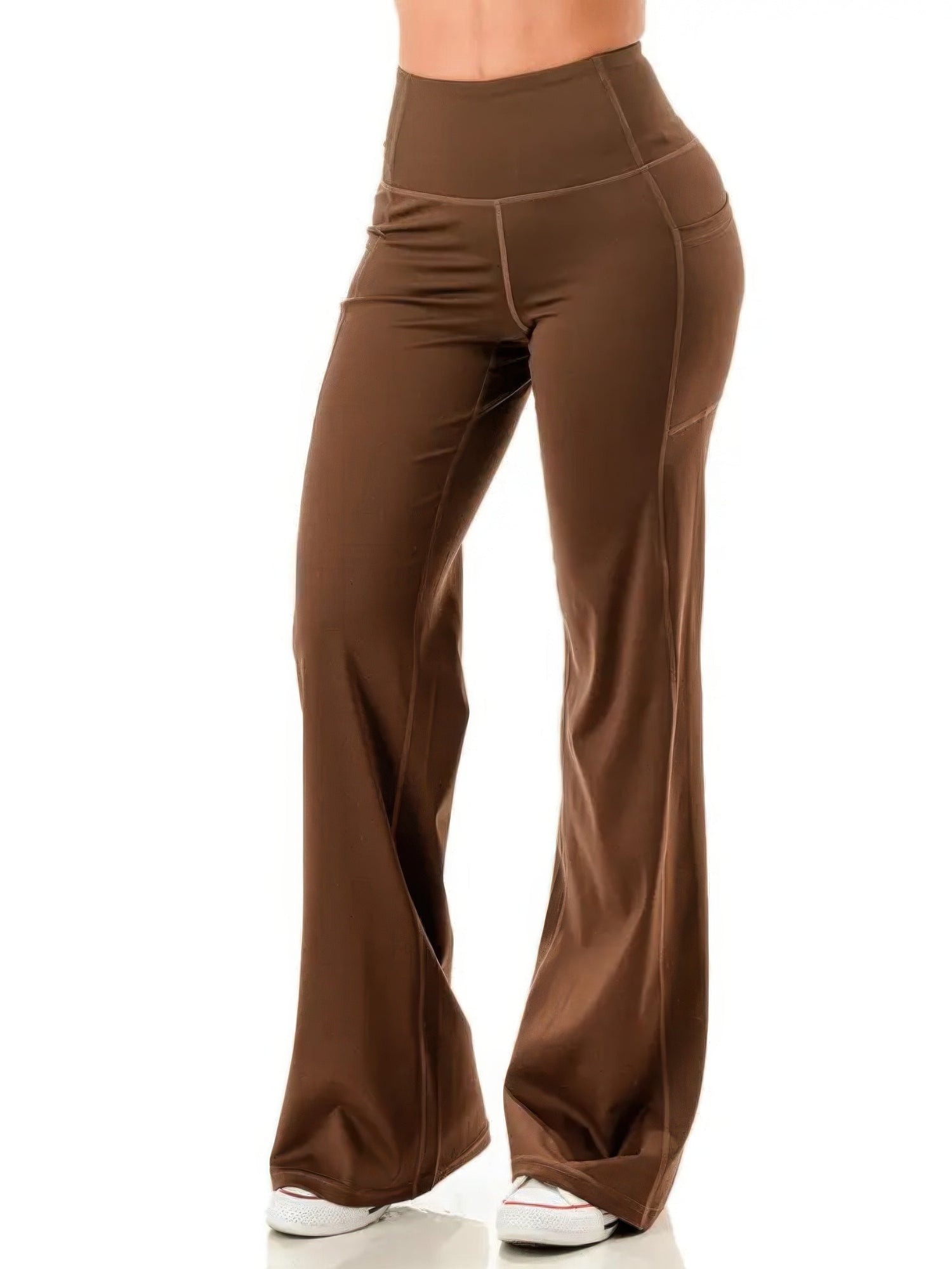 Wide leg flare yoga pants in brown, featuring a high waist and wide leg design for comfort and style.