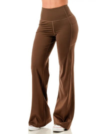 Wide leg flare yoga pants in brown, featuring a high waist and wide leg design for comfort and style.