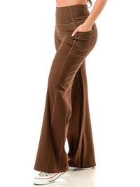 Wide leg flare yoga pants in brown with pockets and high-waisted design, perfect for movement and casual wear.