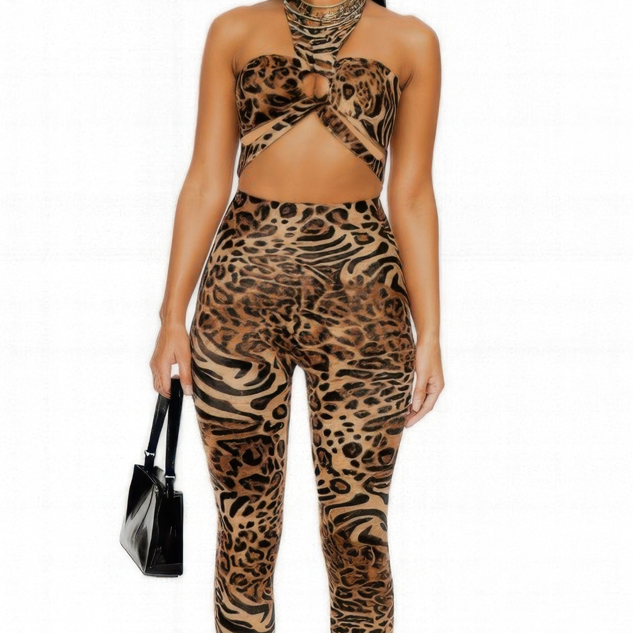 Leopard Cheetah Intertwined Set featuring a halter crop top and matching leggings in a bold animal print.