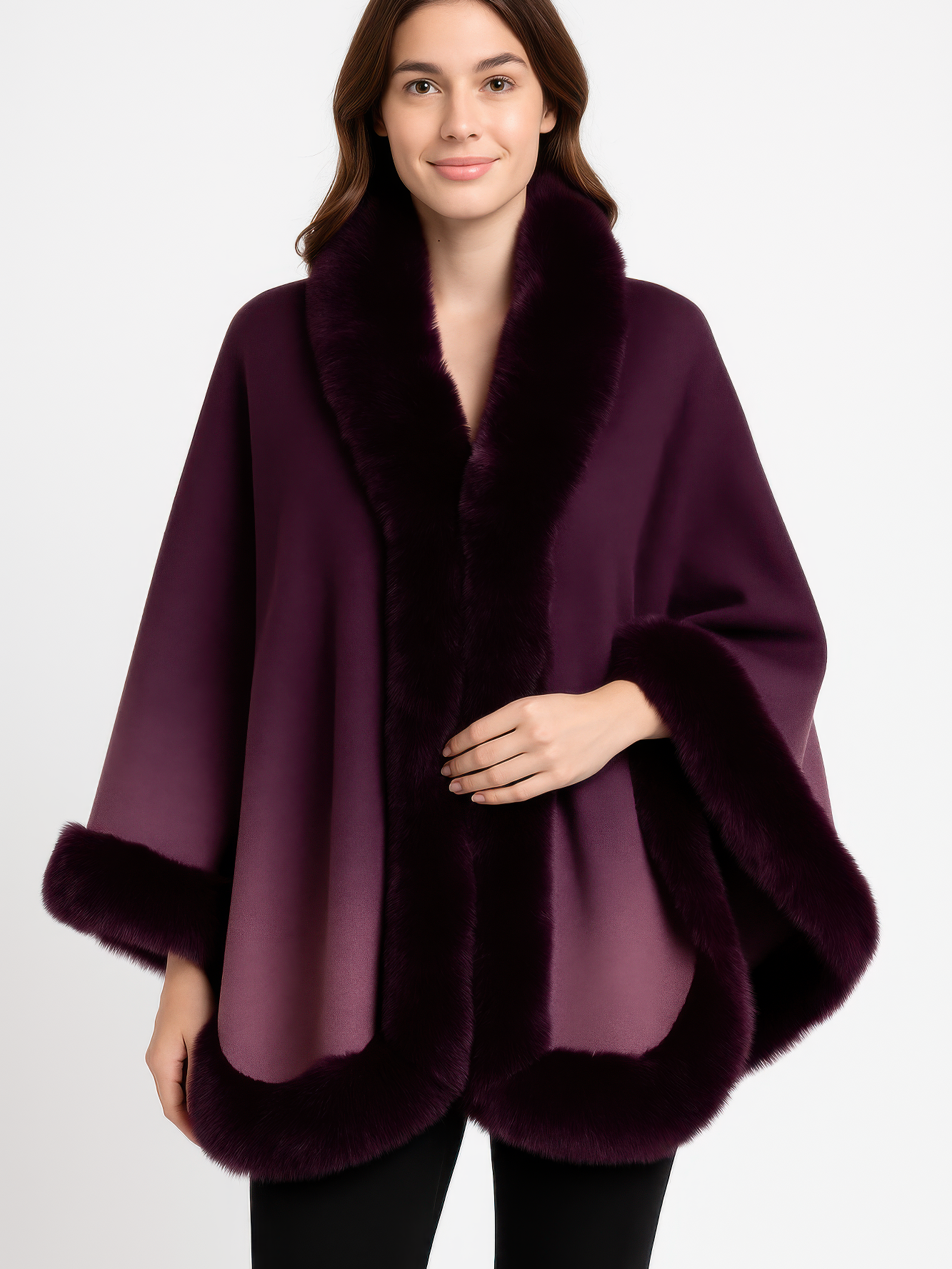 Ombre Faux Fur Trim Cape Wrap in purple with a soft faux fur trim, perfect for stylish layering.